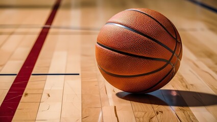 A close-up of an orange basketball resting on a hardwood court