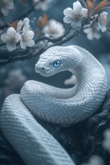 Fototapeta premium Captivating white snake with striking blue eyes coiled among blossoms, creating a magical nature scene.