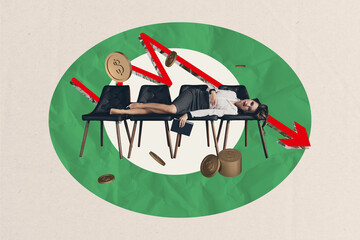 Composite photo collage of unhappy businesswoman lay chair arrow pointer down recession coin...