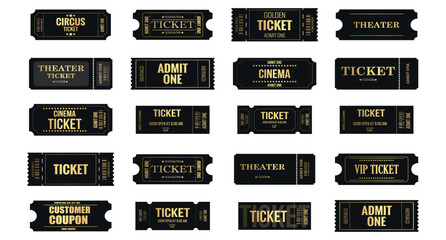 Vector big set of black luxury ticket template white isolated background. Invite ticket for casino, theater, cinema, movie, coupon, voucher.