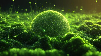 Abstract glowing sphere with green particle network.