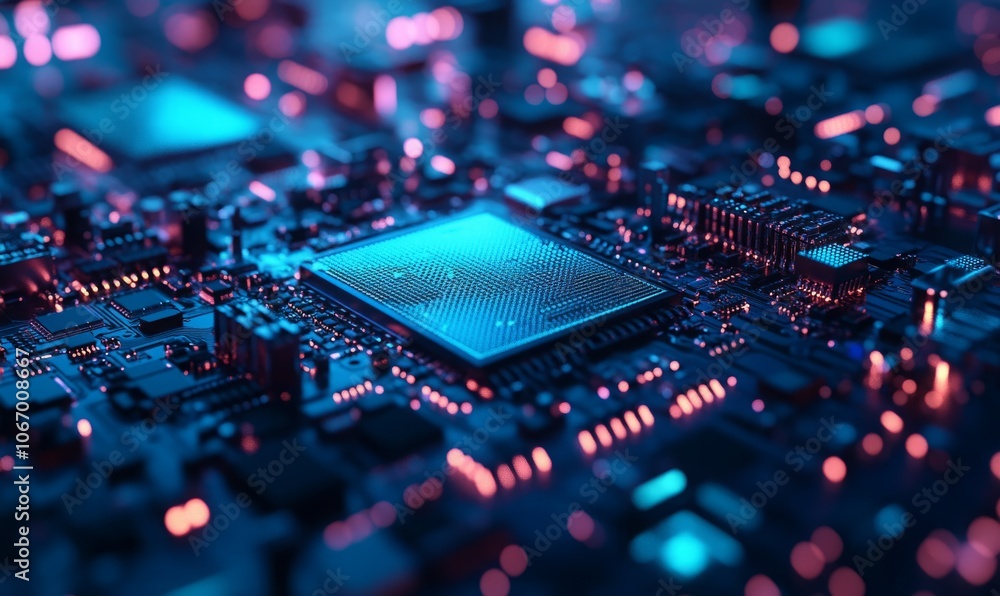 Poster close-up of a modern microprocessor with glowing blue circuit board elements, showcasing advanced te