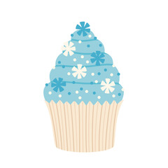 Cupcake with sugar snowflakes and sprinkles. Sweet winter decorated creamy dessert. Food flat vector illustration isolated on white background