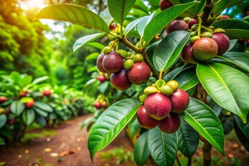 Product Photography of a Young Mangosteen Tree in Bogor, Indonesia, Showcasing Its Sweet Fruit and Health Benefits, Captured on October 22, 2024