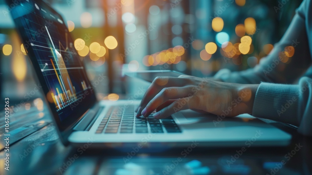 Aufkleber hands typing on laptop with bokeh lights in background