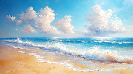 Beautiful seascape with blue sky and clouds. Oil color painting.