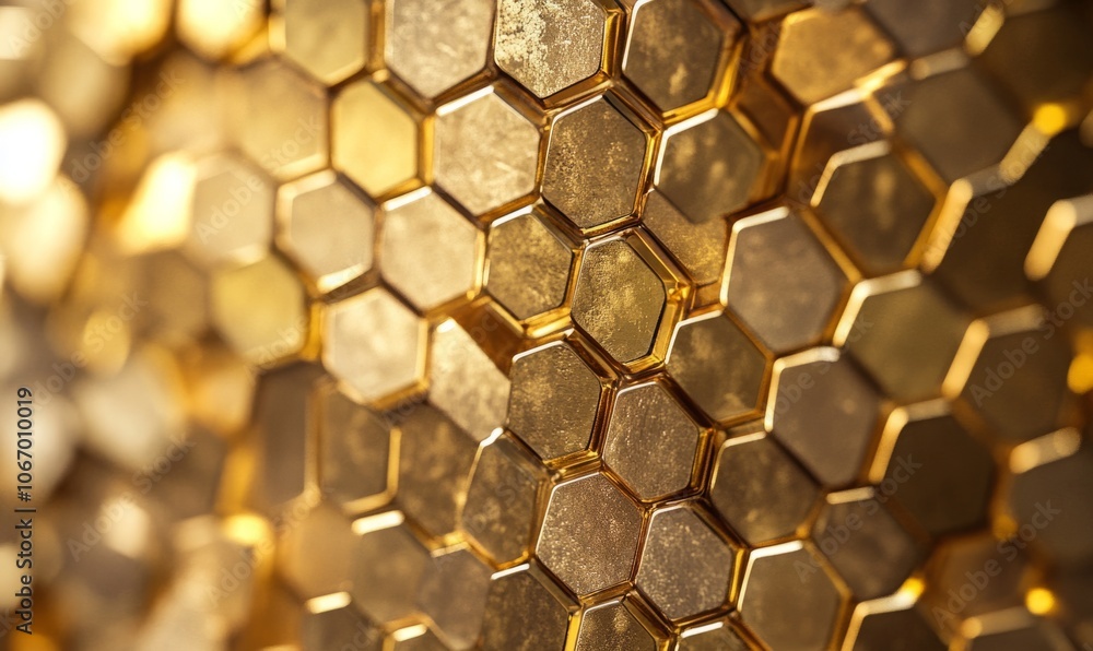 Aufkleber close-up of an intricate golden hexagonal pattern showcasing light reflections and 3d texture, ideal