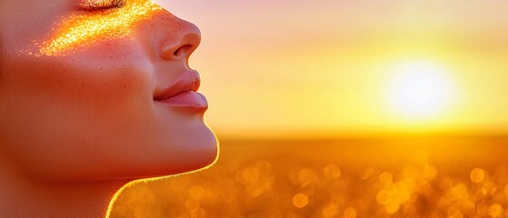 A serene close-up of a woman's face illuminated by the warm glow of a sunset, radiating tranquility and beauty against a golden field backdrop.