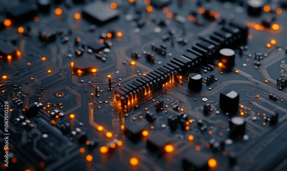 Poster close-up view of a modern circuit board, featuring intricate patterns and vibrant orange lights in a
