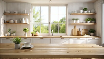 Serene Conceptual Photography of an Empty Bleached Wooden Table with Blurred Kitchen Window Shelves in the Background Evoking Minimalist Aesthetics and Tranquility