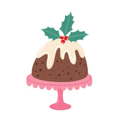 Christmas pudding with icing, red berries and holly leaves. Traditional English holiday dessert. Food flat vector illustration isolated on white background