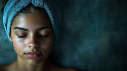 Fototapeta premium Young woman relaxing in a steam sauna with eyes closed