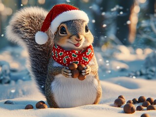 Joyful Squirrel Collecting Acorns in Snowy ForestSanta Hat and Warm Scarf