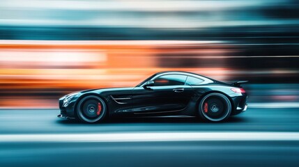 Obraz premium A black sports car in motion with a blurred background showcases original design and speed.