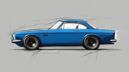 Obraz premium A blue car, drawn with smooth lines and soft shadows, is sketched in a three-quarter view on a gray background, showcasing a modern artistic touch.