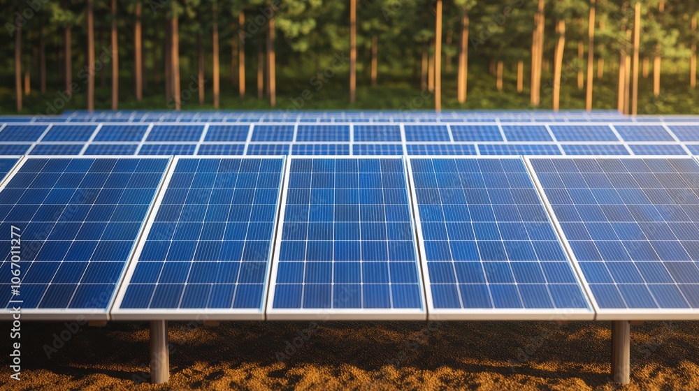 Poster aerial view of solar panel arrays in natural setting