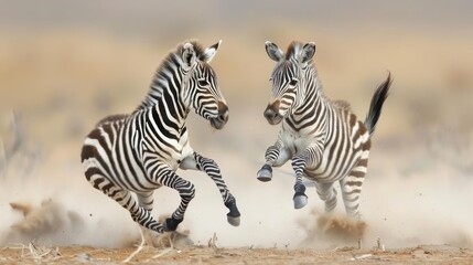 Naklejka premium Two zebras in a field running side by side, possibly facing each other.