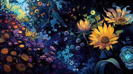 Vibrant Floral Artwork: Sunflowers and Blue Flowers in a Night Garden