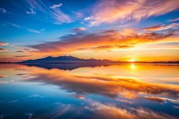 Naklejka premium Serene Minimalist Sunset Over Salt Lake, Capturing the Tranquil Beauty of the Sky, Water, and Mountains with Soft Hues and Reflections for a Peaceful Atmosphere