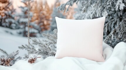 Cozy Pillow with blanket Mockup with Winter Snowy Background for Home Decor and Holiday Designs. White pillow template.