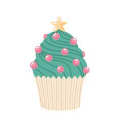Cupcake decorated like Christmas tree. Sweet holiday decorated creamy dessert. Food flat vector illustration isolated on white background