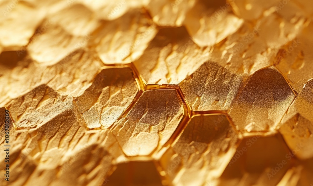 Poster close-up of an intricate golden hexagonal pattern showcasing light reflections and 3d texture, ideal