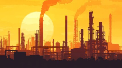 Obraz premium A factory production line silhouettes against an industrial backdrop, showing a panoramic manufacturing landscape. 