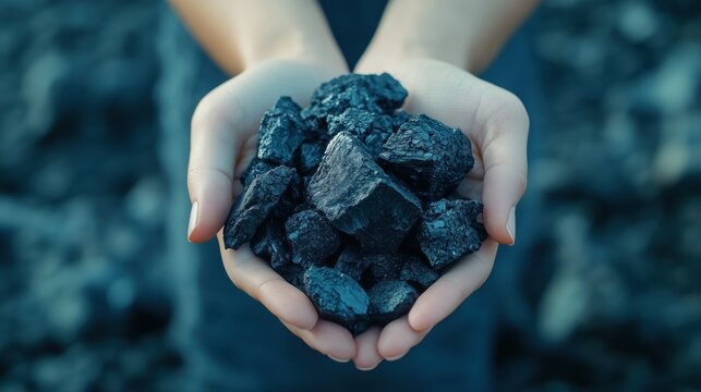 Close-up of hands holding chunks of coal, symbolizing energy resources and fossil fuels.