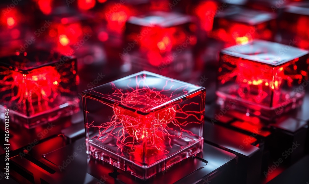Poster Close-up of glowing red neural patterns in transparent packages, illustrating the concept of modern science and technology