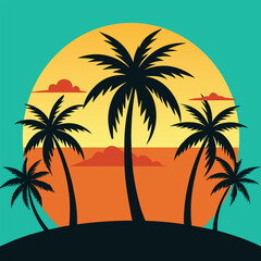 summer background vector with palm tree silhouettes and sunset