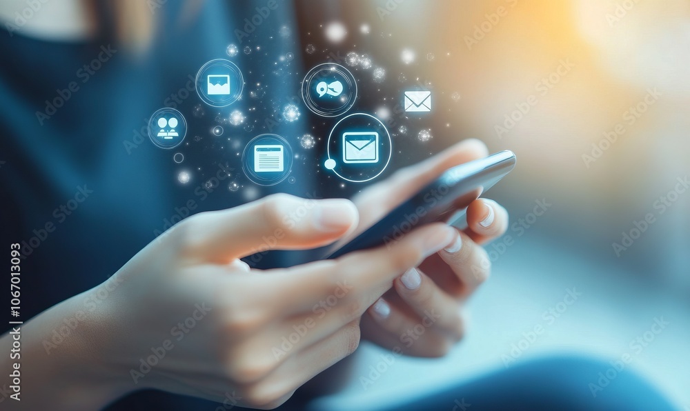 Poster close-up of hands holding a smartphone with a chatbot interface on the screen, icons of customer ser