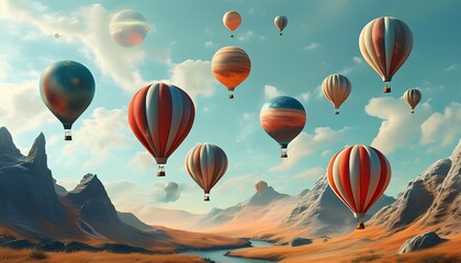 Obraz premium Experience the majestic beauty of hot air balloons gliding over serene landscapes at sunset