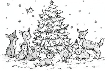 Christmas coloring pages with Christmas tree, snowman, wreath