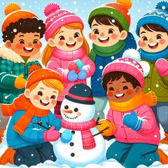 children making snowman, children playing with snowman, Holiday Season, Christmas time.