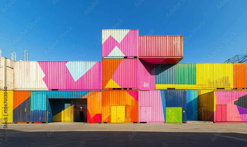 Poster colorful shipping containers on a loading dock