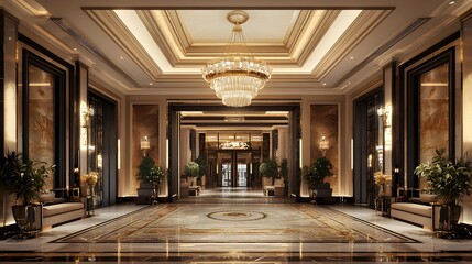 A Luxurious Hotel Entrance with a Beautiful Chandelier and Elegant Decor 