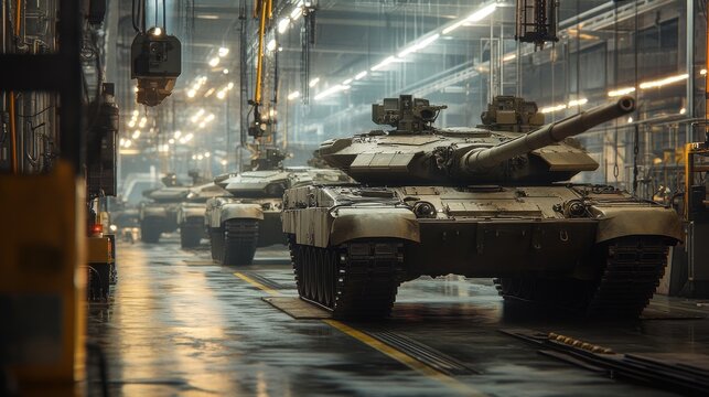 A military tank factory produces heavy equipment, illustrating defense manufacturing.