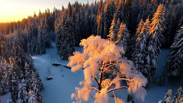Aerial drone view of a snow-covered tree in a pristine, snowy forest at sunset in Lapland. The video captures the serene beauty of winter, with a descending and tilting motion that highlights the fore