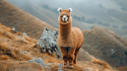 Fototapeta premium Adorable alpaca on a mountain top.
