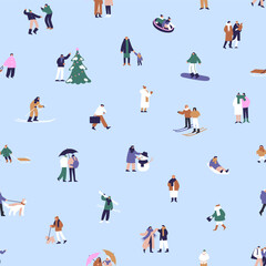 Fototapeta premium People have fun in winter holidays repeatable pattern. Happy friends, couples ski, play snowballs, walk outdoors. Endless background with wintertime activities. Flat seamless vector illustration