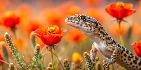 Small Gecko Lizard Camouflaged in Dry Grass with Steppe Poppy Blooms in the Background for Nature and Wildlife Photography Enthusiasts