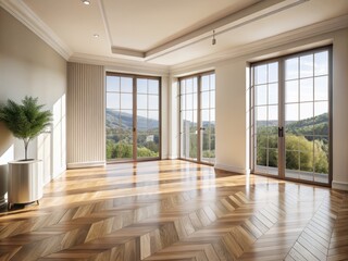 Obraz premium Spacious Empty Interior with Large Windows and Balcony Door Showcasing Light Wood Herringbone Flooring, Ideal for Modern Living, Design Inspiration, and Bright Spaces