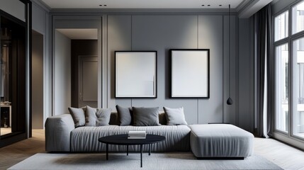 Modern Living Room Interior with Grey Sofa and Two Empty Frames