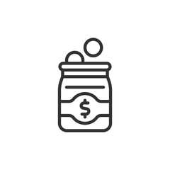 Charity donation jar, icon in line design. Charity, donation, jar, fundraising, help, community, support on white background vector. Charity donation jar editable stroke icon