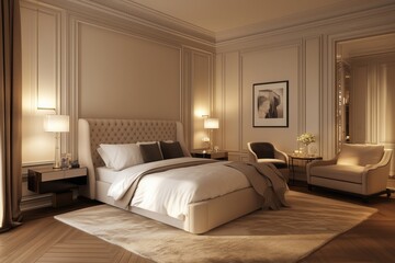 Elegant and modern minimalist bedroom, interior design illustration
