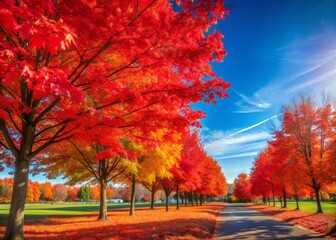 Stunning Autumn Red Tree Leaves Against a Clear Blue Sky in a Public Park, Perfect for Nature Lovers and Seasonal Decor, Embracing the Beauty of Fall Outdoors
