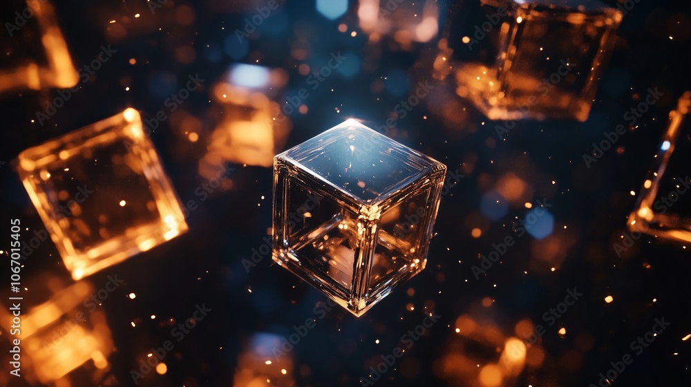 Poster floating transparent cubes illuminated by vibrant light particles in a dark space, creating a mesmer