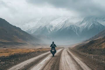 Motorcyclist riding on dirt road through mountains, cloudy sky, scenic landscape