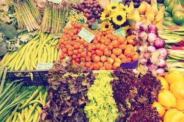 Grocery market in Florence, Italy - retro style filtered colors.