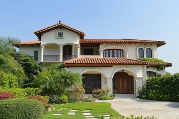 Obraz premium Elegant villa with Mediterranean architecture, lush garden, and blue sky